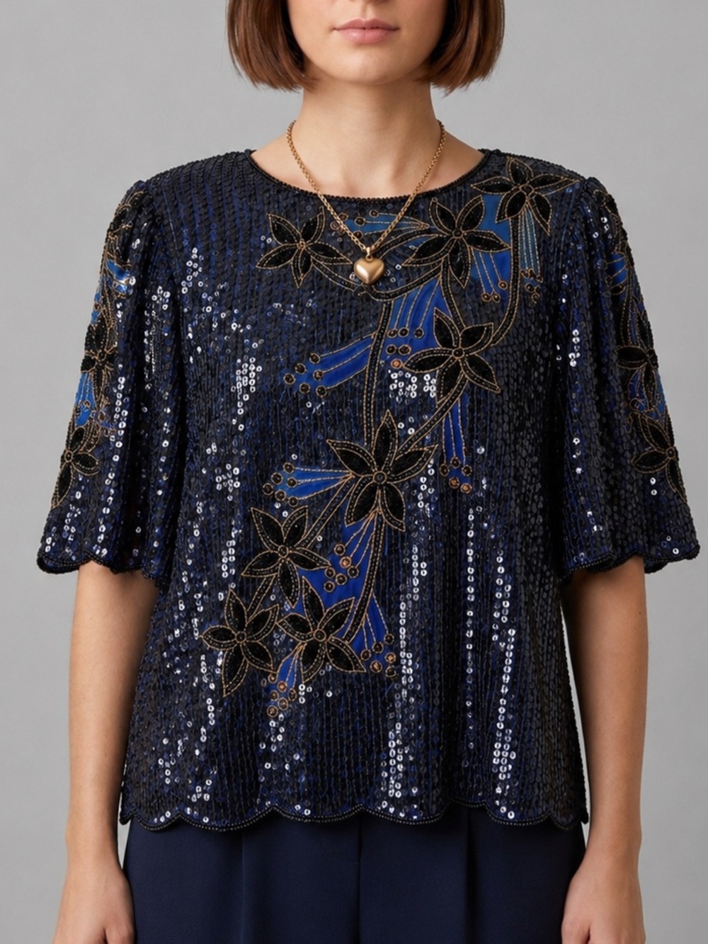 Vintage Albert Paul 100% Silk Floral Beaded Sequin Top Size M Boxy Scallop Hem